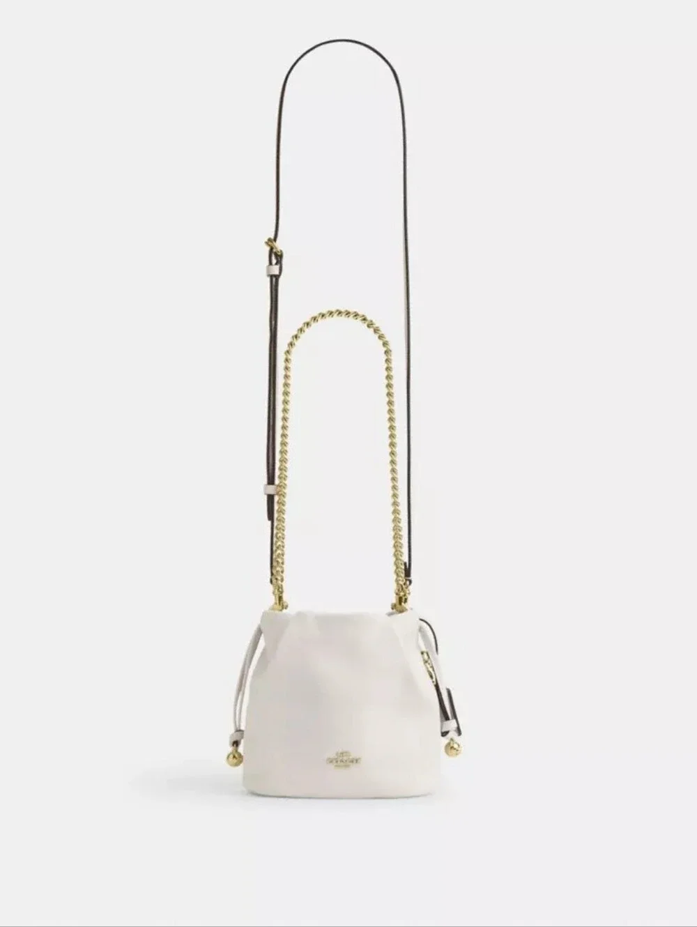 NWT! Coach White Leather Drawstring Bucket Bag with Gold Chain Strap